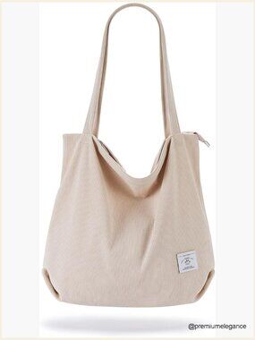 Corduroy Tote Bag Zipper Casual Handbag Big Capacity Shoulder Bag with Pockets